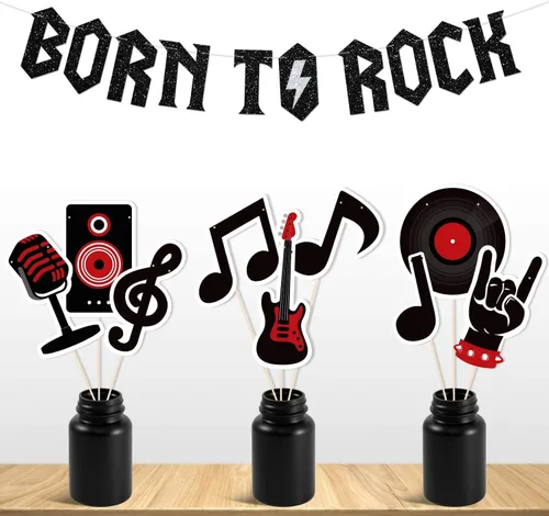 Vista 6 de Banner con purpurina Born to Rock con guirnalda de notas musicales, decoraciones de fiesta de los años 50, suministros de fiesta de cumpleaños