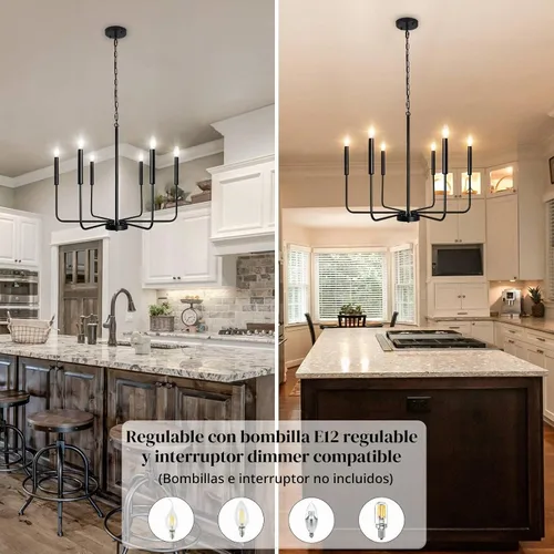 Vista 5 de Lámpara de araña estilo granja, accesorios de iluminación para techo colgante, 6 luces, vela moderna, negro mate, accesorio de luz de techo, 26