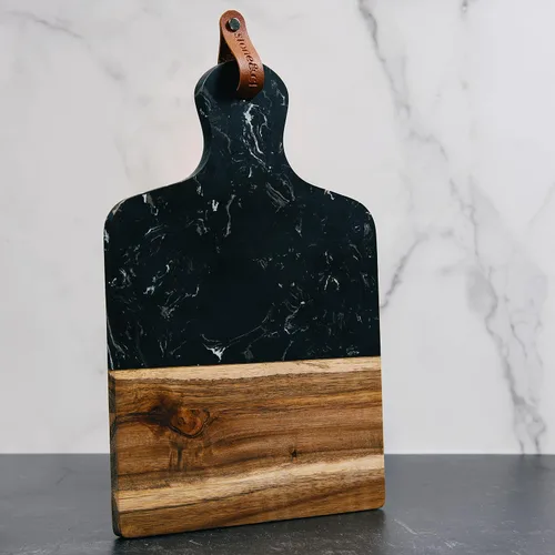 Vista 3 de Stone & Clay Tabla de queso de mármol y madera, tabla de cortar de embutidos 2 en 1 y bandeja para servir, con superficie de corte de mármol negro