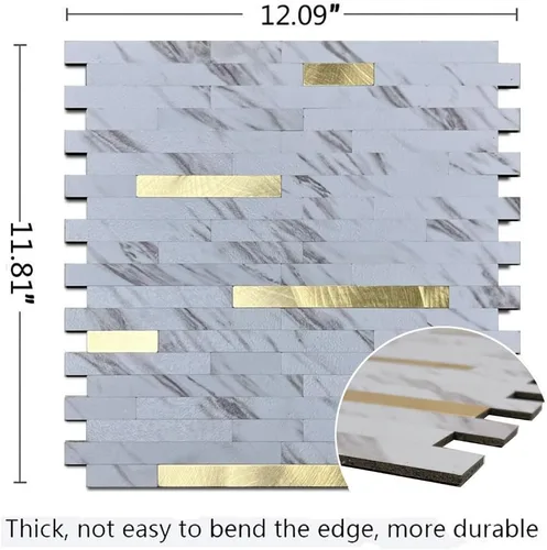 Vista 2 de Azulejo contra salpicaduras de 10 hojas, azulejos de metal mixto de PVC para cocina (mármol blanco + dorado 2, 10)