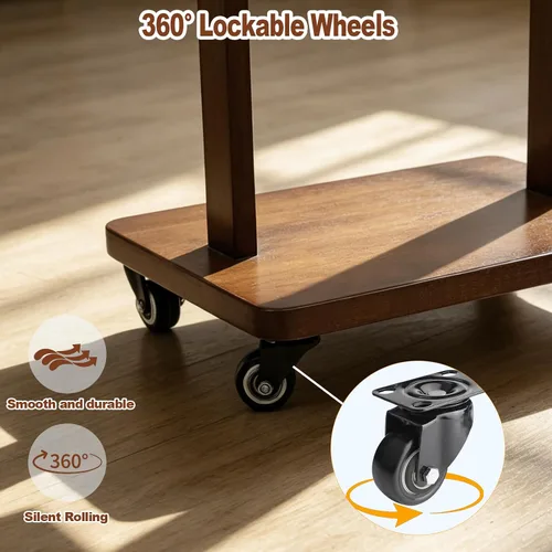 Vista 5 de Perchero de madera maciza con ruedas, perchero independiente de 2 niveles con 5 ganchos y estantes de almacenamiento, soporte de ropa resistente