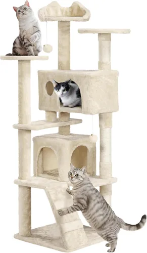 Vista 22 de Yaheetech - Torre de árbol para gatos de 62 pulgadas, torre para gatitos de interior, muebles para mascotas con doble refugio, postes para rascar