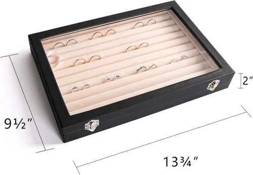 Vista 2 de Frebeauty Bandeja organizadora de anillos y aretes con tapa transparente, 10 ranuras para cajón grande de poliuretano, caja de almacenamiento