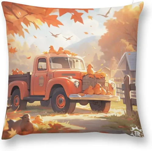 Vista 2 de Funda de cojín decorativa de árbol de arce y camión de Acción de Gracias, otoño, Acción de Gracias, calabaza, fundas de cojín cuadradas suaves