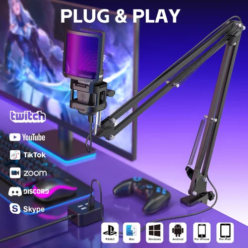 Vista 4 de ZealSound Micrófono USB para Juegos, Micrófono Condensador con Cancelación de Ruido, Micrófono RGB con Silencio, Ganancia, Monitoreo, Brazo