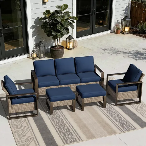 Vista 60 de Joyside - Sofá de mimbre para patio al aire libre, sofá de ratán de 3 plazas con cojines gruesos de olefina y reposabrazos rectangular con marco