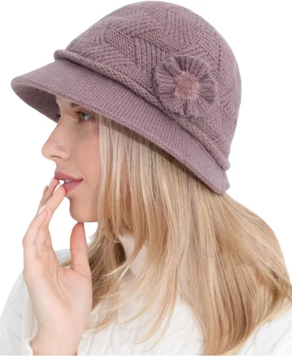 Vista 26 de C-US - Gorro de punto cálido para mujer, con visera de ganchillo con acento de flores