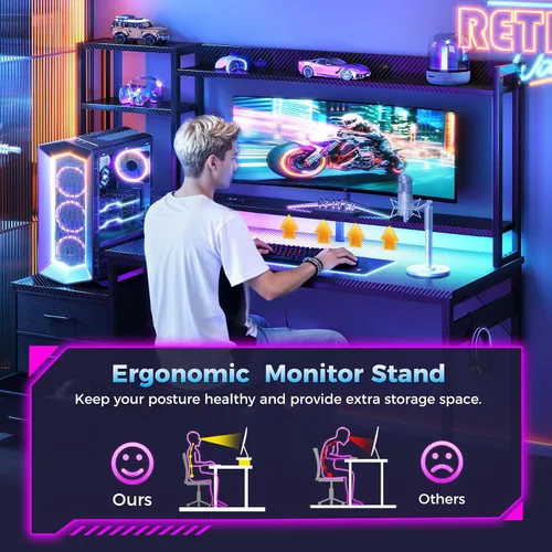 Vista 6 de Casaottima - Escritorio de juegos de 48 pulgadas con alacena y 3 cajones de tela, escritorio para computadora con puertos USB y luces LED, mesa