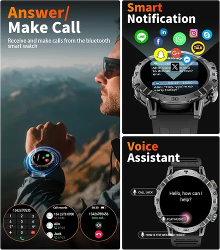 Vista 3 de Reloj Inteligente Militar para Hombres (3 Bandas), Relojes Inteligentes con Pantalla HD Grande de 1.7" y 1000mAh con Linterna LED para Android iOS