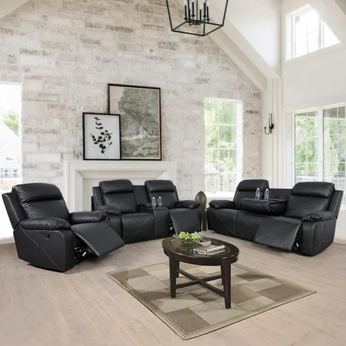 Vista 10 de Juego de sofá reclinable de cuero, juego de sofá manual de cuero regenerado para sala de estar, juego de muebles de sala con consola de Negro