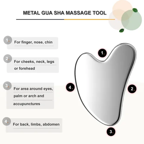 Vista 3 de Herramientas faciales Gua Sha de acero inoxidable, rodillo facial y juego de Gua Sha para masaje facial, cuello, ojos, cuerpo, elevación de barbilla