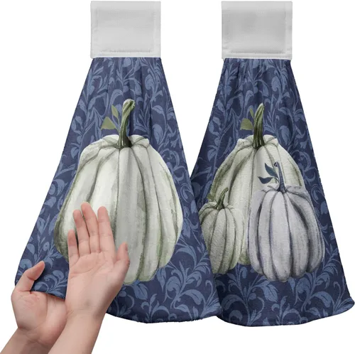 Vista 25 de Juego de 2 toallas de cocina colgantes de hojas tropicales de verano, color verde, hojas de palmera, con bucles para colgar, suaves y absorbentes
