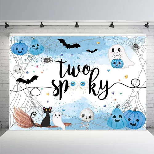 Vista 8 de MEHOFOND Fondo espeluznante de Halloween de 7 x 5 pies, fondo azul acuarela Little Boo Baby Shower para niños, telaraña de murciélago, calabaza