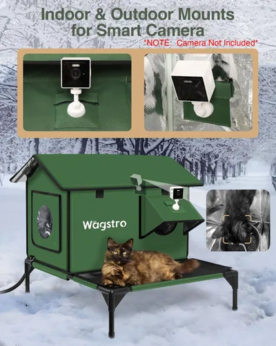 Vista 3 de Casa Grande Climatizada para Gatos de Exterior con Plataforma Sin Humedad, Muy Elevada, Puerta de Solo Salida, Refugio Exterior Aislado e