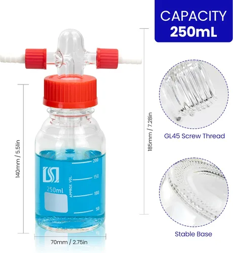 Vista 2 de ALWSCI Botella de lavado de gas de laboratorio, vidrio de 8.5 fl oz, botella de búfer de laboratorio graduada, cabeza Drechsel GL45 con tubo