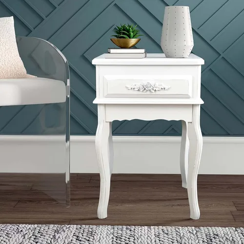 Vista 6 de Westcharm Mesita de noche vintage blanca pequeña Mesa auxiliar Queen Anne Mesa auxiliar de madera antigua Shabby Chic Mesita de noche