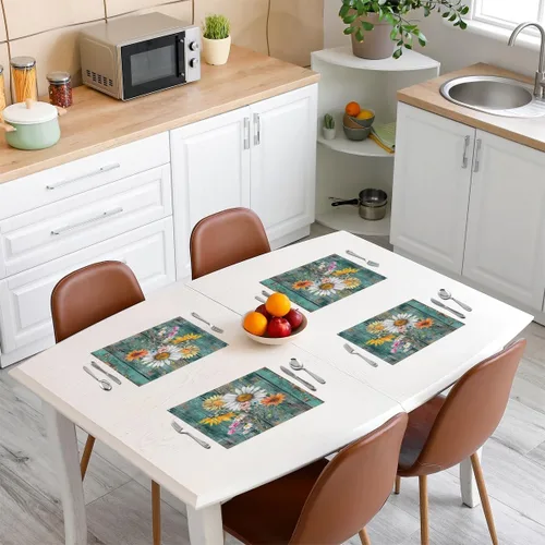 Vista 3 de jejeloiu Juego de 4 manteles individuales de girasol, manteles individuales con estampado floral, patrón de flores amarillas, manteles individuales