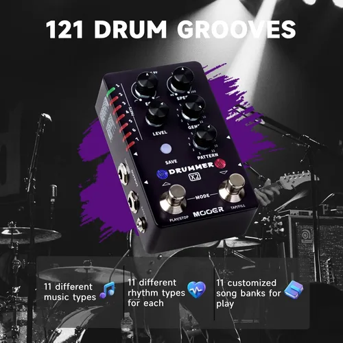 Vista 2 de Pedal de guitarra con máquina de batería MOOER con 121 ritmos de batería, 11 estilos musicales, 7 ranuras de ritmo, función de relleno, botón