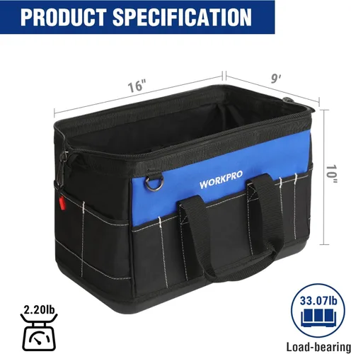 Vista 2 de WORKPRO - Bolso de herramientas de 16 pulgadas, con abertura ancha y base moldeada impermeable