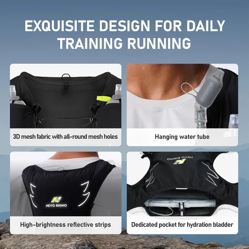 Vista 5 de N NEVO RHINO Running Hydration Vest with 1.5L Water Bladder & Dual 500ml Soft Flask for Men Women,Adjustable Lightweight 5L Water Backpack for