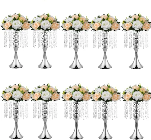 Vista 11 de Centros de mesa de boda para mesas, 21.3 pulgadas, 2 jarrones de metal dorado con cristal Soporte de flores para centros de mesa de boda