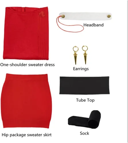 Vista 4 de COLSA Disfraz de cosplay para mujer, suéter rojo anime, uniforme de Halloween, conjunto completo con aretes