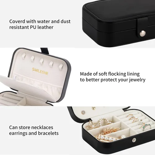 Vista 5 de Smileshe Joyero estuche de viaje portátil pequeño de piel sintética organizador de 2 capas cajas de almacenamiento para anillos aretes collares