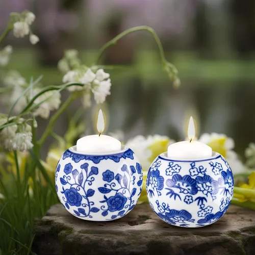 Vista 7 de Soaoo Paquete de 2 Portavelas Azules y Blancos Decoración Chinoiserie Portavelas de Porcelana para Velas de Té Portavelas Votivos para Vacaciones