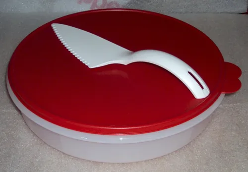 Vista 2 de Nueva ronda de Tupperware pie o Cupcake Keeper, Sheer con roja sello 12 en contenedor con Cut N Servir Pastelería Servidor "de cuchillo.
