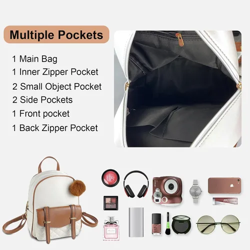 Vista 3 de ZGWJ Linda mochila de cuero para mujer, bolso de cuero a la moda, con lazo, mochila pequeña de viaje, bolsas de hombro, Beige-Marrón, Lindo