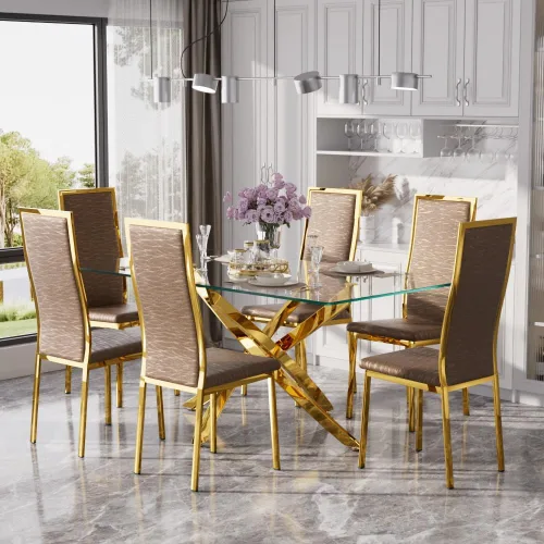 Vista 31 de Juego de mesa de comedor de cristal dorado moderno de 63 pulgadas para 6, juego de mesa de cocina rectangular de 7 piezas con patas de acero Negro