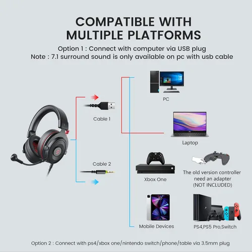 Vista 6 de EKSA Auriculares estéreo para juegos para PS4 PC Xbox One Controller cancelación de ruido sobre auriculares con micrófono luz LED graves alrededor
