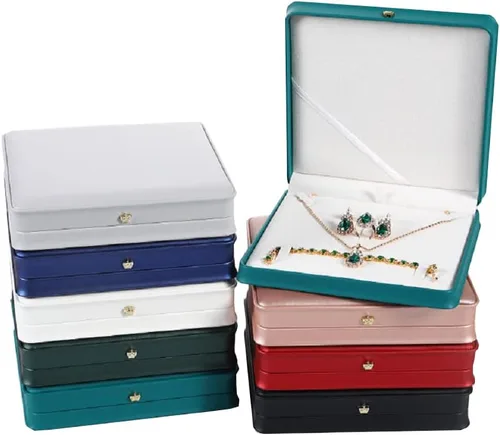 Vista 6 de Juego de joyas de boda Caja de cuero premium collar pendiente anillo expositor soporte de almacenamiento (rojo grande)