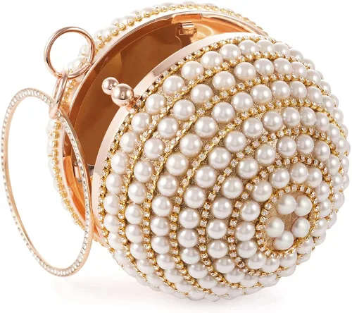 Vista 2 de Bolso redondo de la bola del embrague de la mujer deslumbrante completo Rhinestone borlas anillo de la manija del bolso de las perlas de la noche