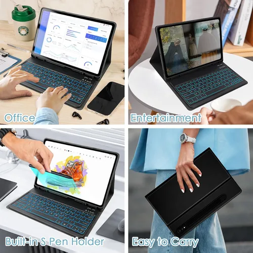 Vista 8 de LAMA Funda con teclado retroiluminado para Samsung Galaxy 12.4 pulgadas S10 Plus/S9 FE+/S9+/S8+, 12.4 pulgadas, S7 FE/S7 Plus, funda desmontable