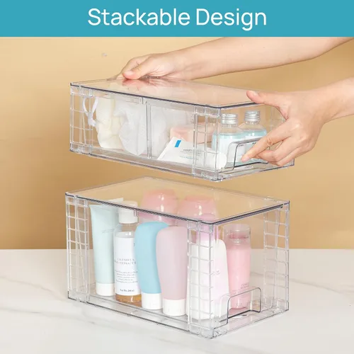 Vista 7 de Vtopmart Paquete de 4 cajones de almacenamiento apilables transparentes, para debajo del fregadero y la cocina, cajones de plástico fáciles