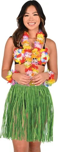 Vista 2 de Beistle Minifaldas hula para adultos en verde, paquete de 2 accesorios de fiesta hawaiana, disfraz de falda de hierba para fiesta de surf, playa