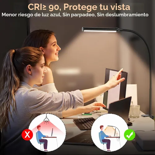 Vista 3 de Lámpara de escritorio LED ShineTech con abrazadera, 3000K Blanco Cálido, 11 niveles de brillo, luces de pinza para el cuidado de los ojos para hogar