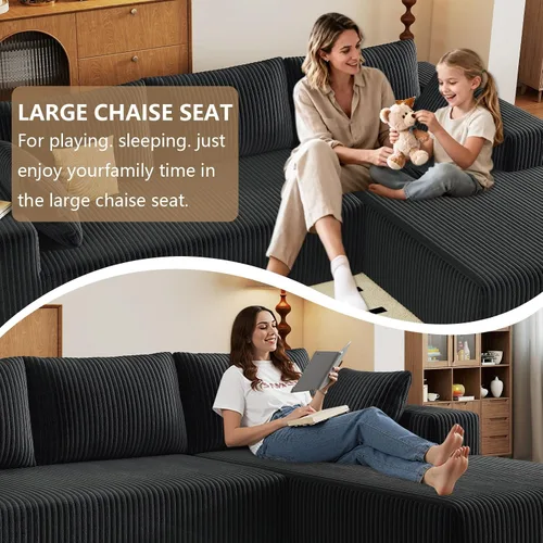 Vista 6 de Sofá seccional modular de 96", sofá en forma de L tipo nube sin estructura con chaise lounge, tapizado de pana con asiento profundo de espuma Negro