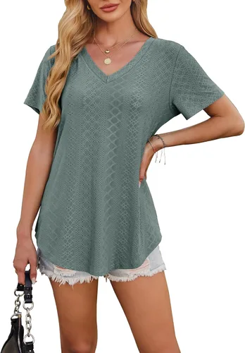 Vista 4 de OFEEFAN Camisetas básicas de manga corta con cuello en V para mujer, ajuste holgado, con dobladillo curvado B-verde
