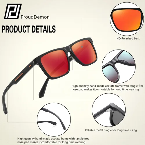 Vista 4 de Gafas de sol polarizadas de acetato para hombres y mujeres, diseño retro cuadrado para hombre, gafas de sol para conducción deportiva con protección