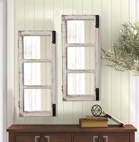 Vista 3 de Espejo de Ventana con Marco de Madera Estilo Granja 14" x 33", Espejos de Ventana Rústicos Blancos Desgastados para Colgar Verticalmente