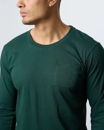 Vista 4 de Real Essentials Paquete de 3 Camiseta deportiva de algodón de manga larga con cuello redondo y bolsillo para hombre