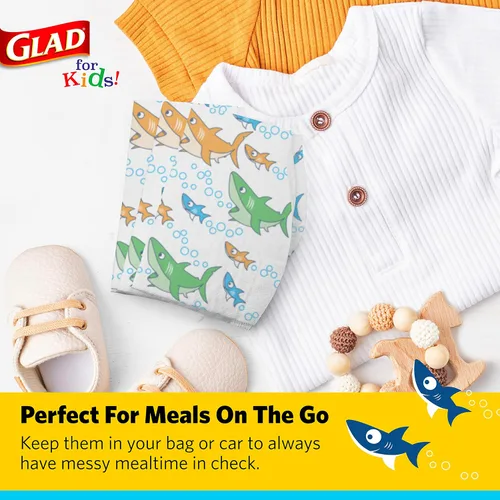 Vista 4 de Baberos desechables de papel con atrapamigas para niños de Glad con diseño de tiburón para alimentación - Absorbentes y a prueba de fugas