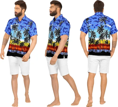 Vista 2 de LA LEELA Camisa hawaiana con botones y manga corta para hombre, diseño de calavera caribeña pirata