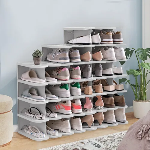 Vista 2 de Zapatero grueso de 6 niveles, organizador de zapatos de combinación gratuita para armario, torre de zapatos independiente, estante ajustable Gris