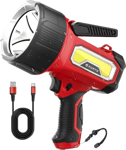 Vista 9 de FORTO Foco recargable, 200000 lúmenes, luz de mano con soporte plegable, 6 modos IPX7, impermeable, luces LED para pasear al perro, caza, camping