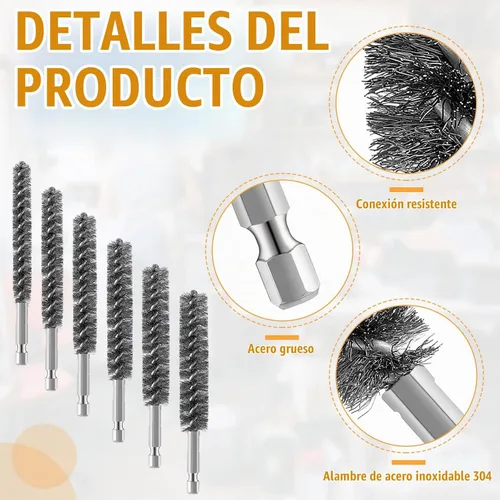Vista 3 de 6 cepillos de acero inoxidable con cerdas de acero inoxidable para taladro eléctrico con mango hexagonal (0.8, 1, 1.2, 1.5, 1.7, 0.7 in)