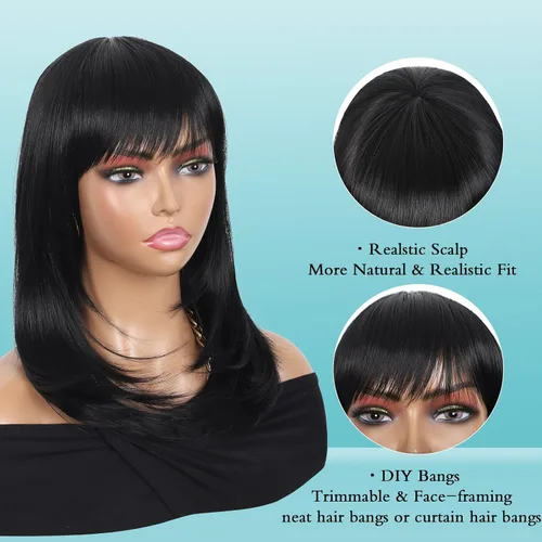 Vista 5 de Kalyss peluca de mujer larga lacia, de pelo sintético negro para mujeres (negro)