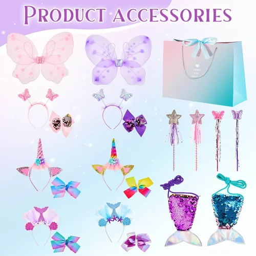 Vista 6 de Panitay Juego de disfraz de princesa de 33 piezas para niñas de 3 a 6 años, unicornio, hada, princesa sirena con accesorios, ropa de juego